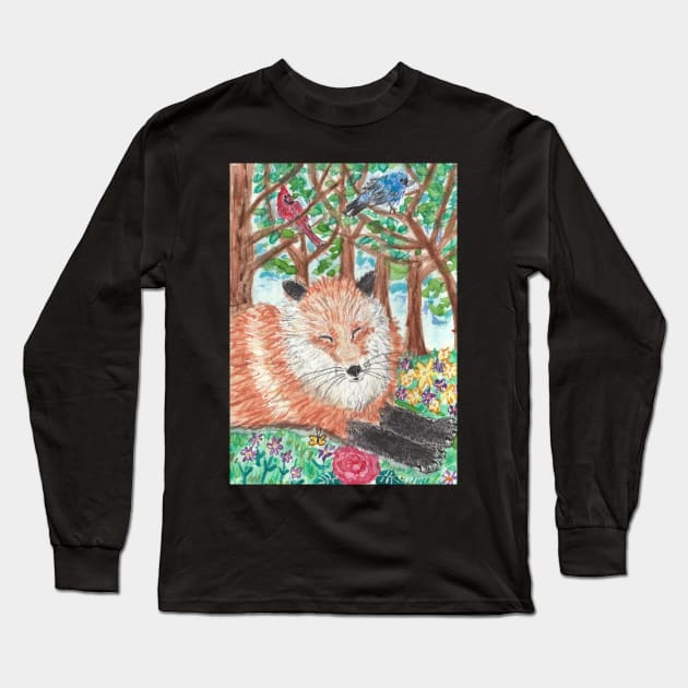 Fox in the  forest art painting Long Sleeve T-Shirt by SamsArtworks